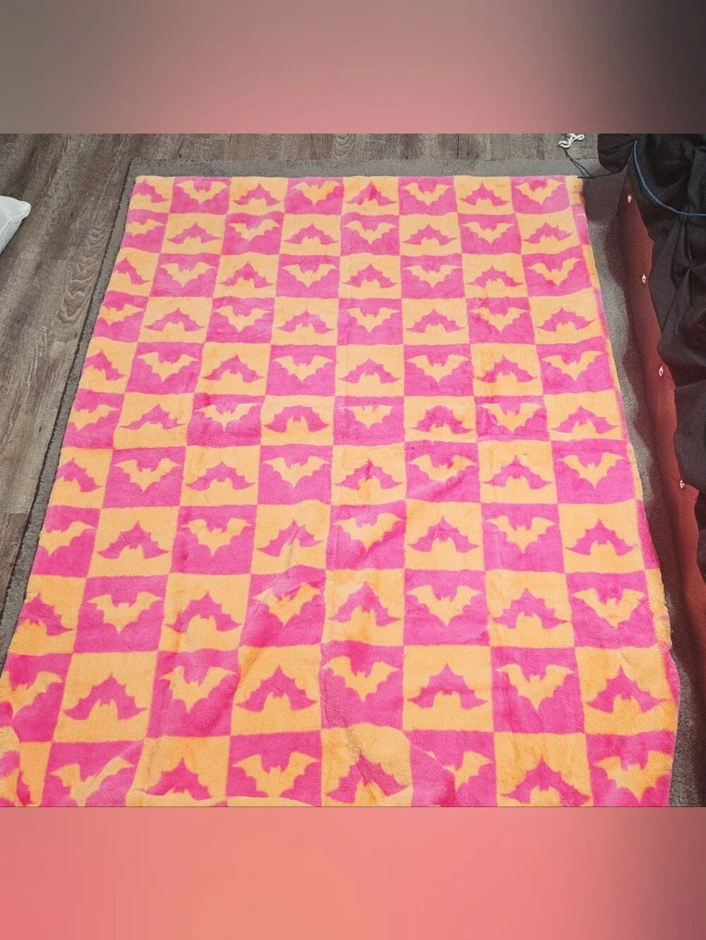 Novogratz Bat Checkered Orange/Neon Pink Oversized Halloween Throw Blanket